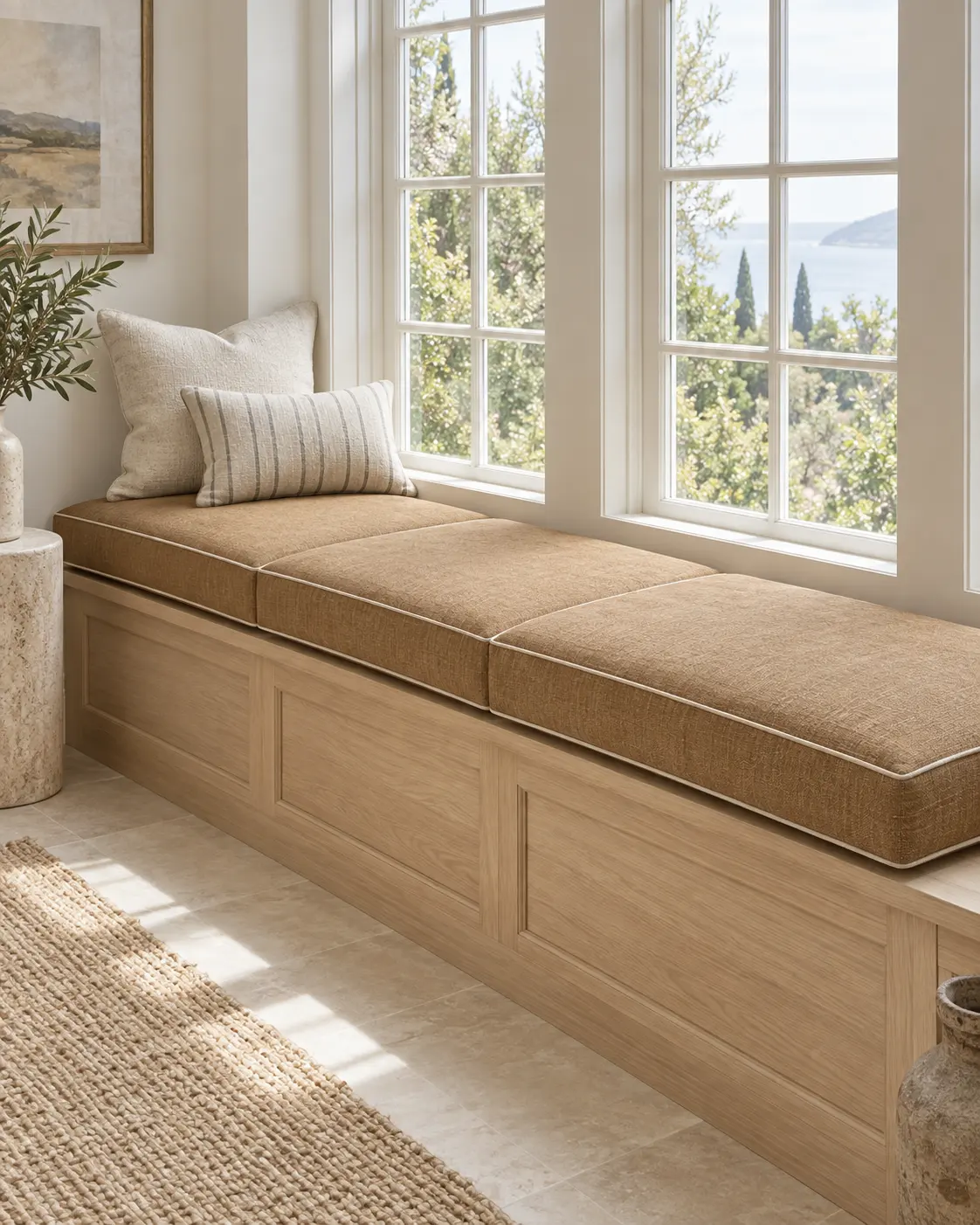 Tailored neutral bench cushion fitted on a premium hotel banquette