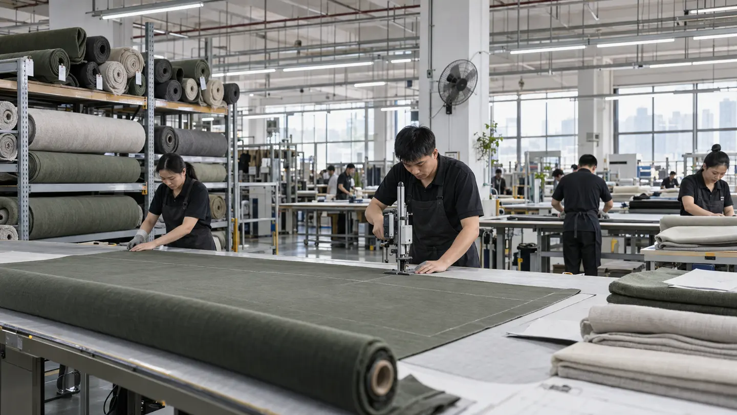 Asian textile worker aligning printed pillow fabric on a cutting table