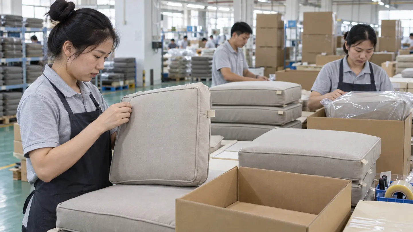 Asian inspector checking packed custom cushion and carton label