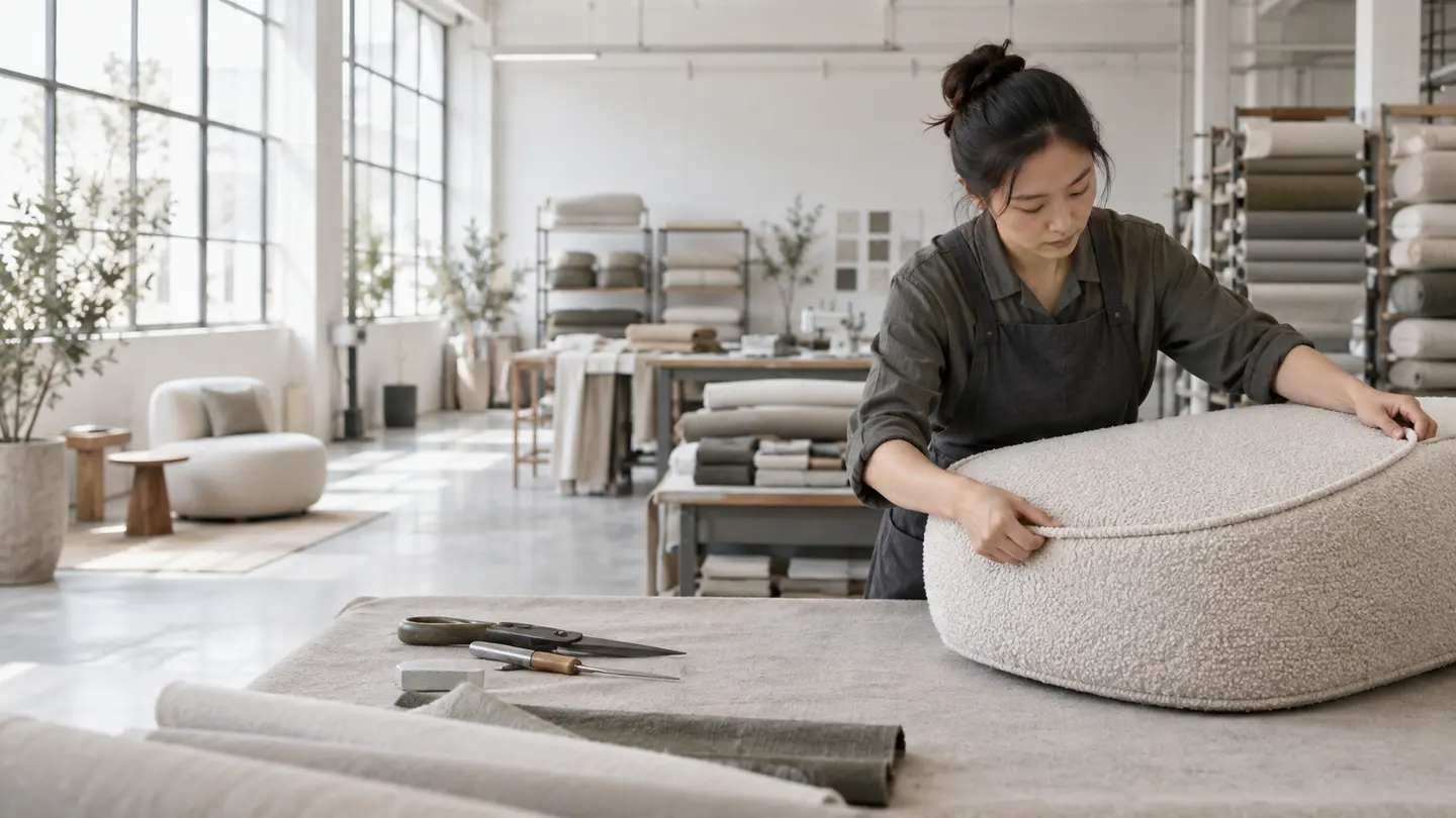 Asian product developer reviewing a custom cushion prototype with fabric swatches and drawing