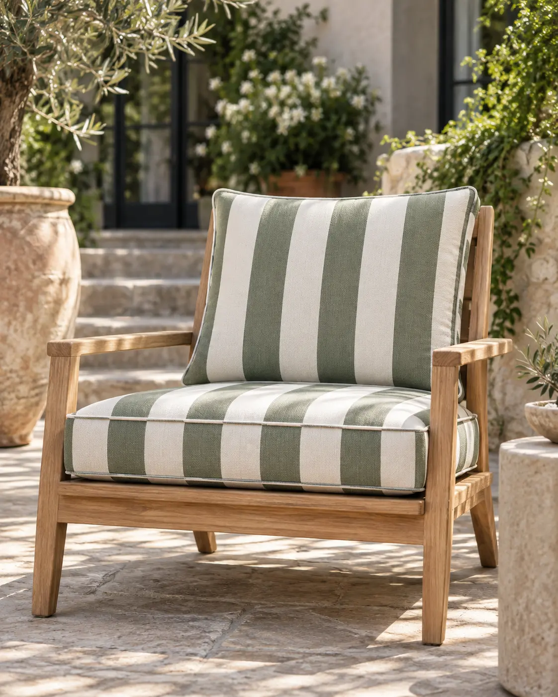 Tailored outdoor lounge cushions on a sunny hospitality terrace