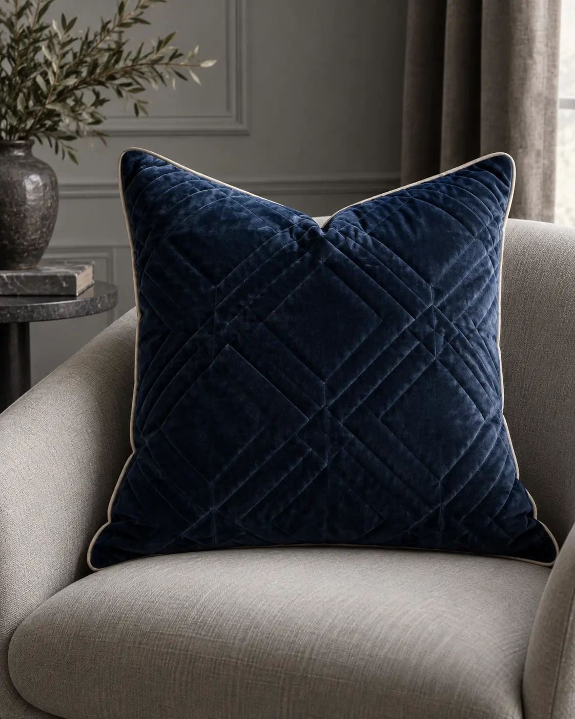 Premium throw pillow with simple retail tag and protective packaging